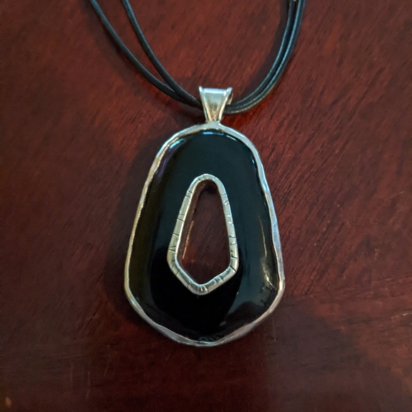 Double sided Onyx/Pyrite and sterling silver pendant on leather cord - Picture 3 of 5